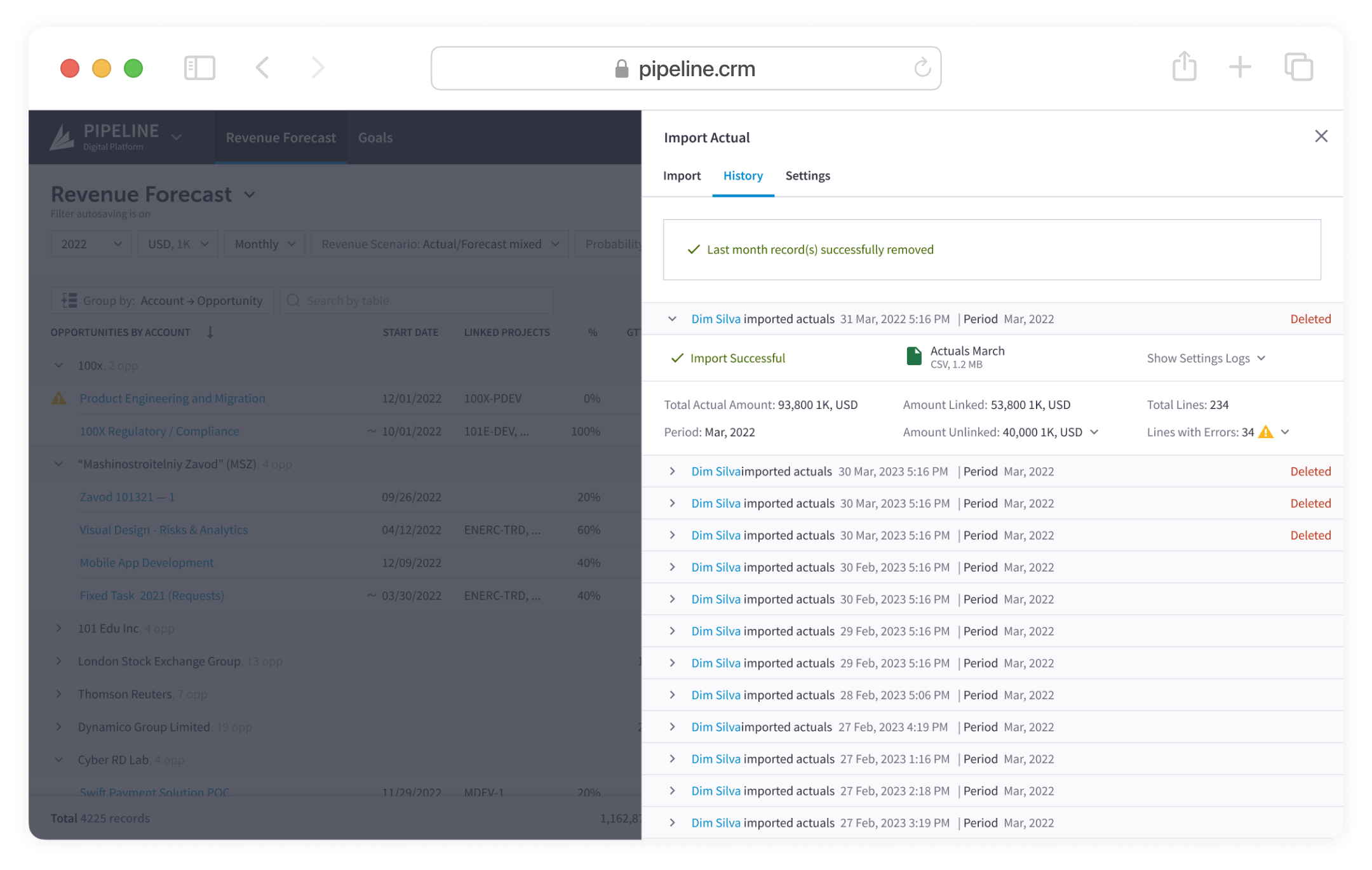 Problem — upload revenue data, check logs, cancel last record